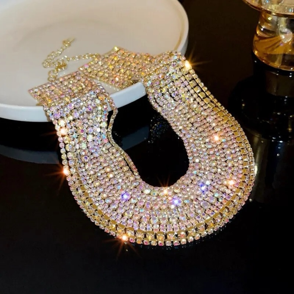 NEW Multi Layered Shiny Irridescent Rhinestone Chain Choker Statement Necklace